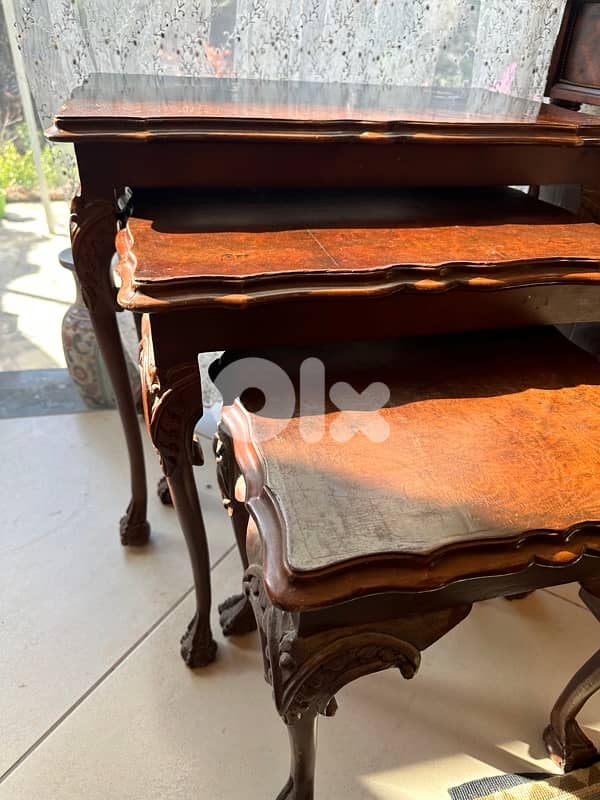 Burr Walnut & Carved Nest of 3 Tables Circa 1930s 3