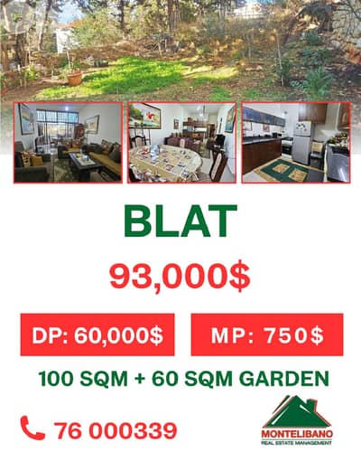 100 sqm Apartment For Sale in Blat (بلاط) +60 sqm Garden & Installment
