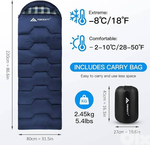 Forceatt Sleeping Bag 3~4 Seasons, -5°C Flannel and 20°C Polyester 1