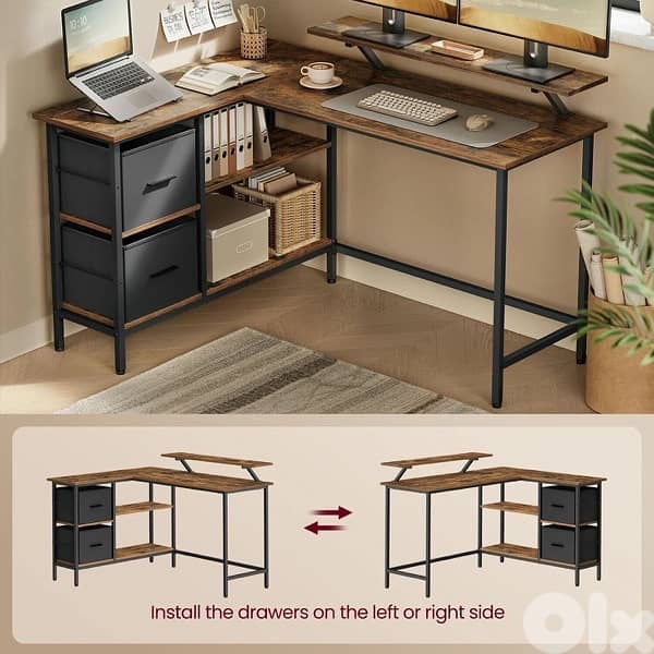 Corner Desk with Drawers and Monitor Stand 1