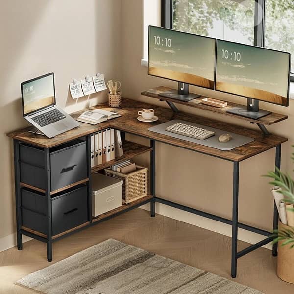 Corner Desk with Drawers and Monitor Stand 2