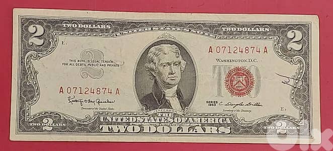 USA $2 Red seal 1963-A v. fine S/N A-07124874-A