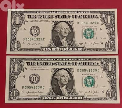 USA $1 x 2 bills Green seal UNC. consecutive numbers 2021