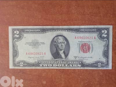 2 دولار اصدار 1953 فيها ترميم زغير على الزاوية الايمن السفلي