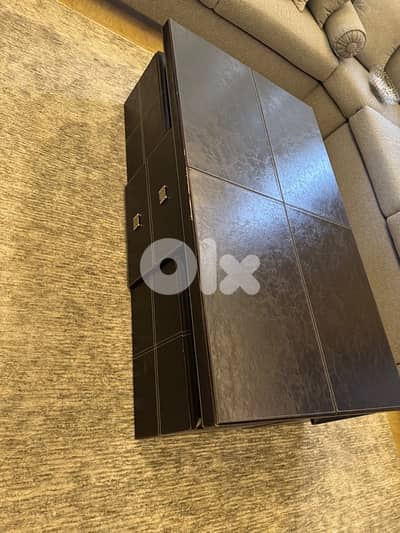 wood table with 4 boxes for storage and 4 boxes of jaroor