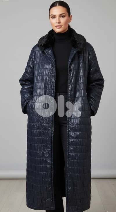 long black quilted coat with fur inside