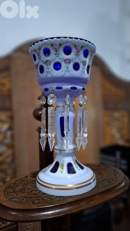 Rare Bohemian 19thC Cobalt & Milk Glass Luster - Hand-Painted Enamel 1