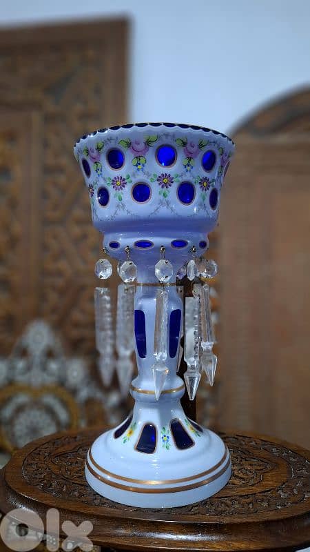 Rare Bohemian 19thC Cobalt & Milk Glass Luster - Hand-Painted Enamel 2