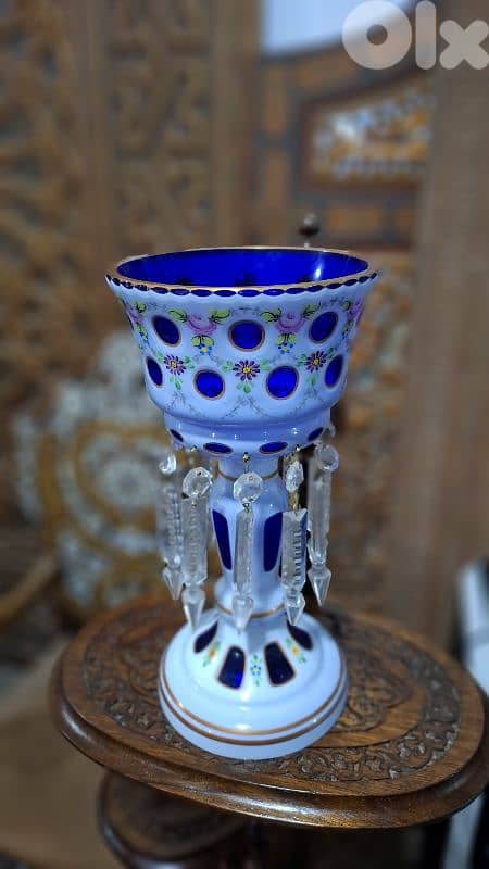 Rare Bohemian 19thC Cobalt & Milk Glass Luster - Hand-Painted Enamel 3
