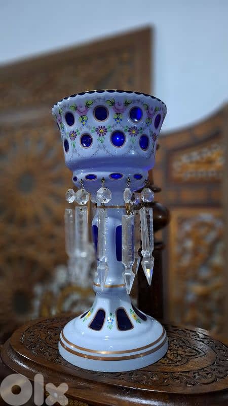 Rare Bohemian 19thC Cobalt & Milk Glass Luster - Hand-Painted Enamel 4