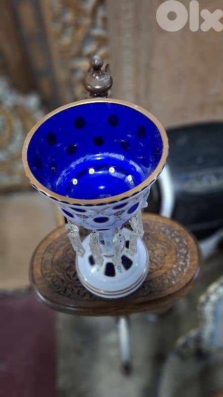 Rare Bohemian 19thC Cobalt & Milk Glass Luster - Hand-Painted Enamel 5