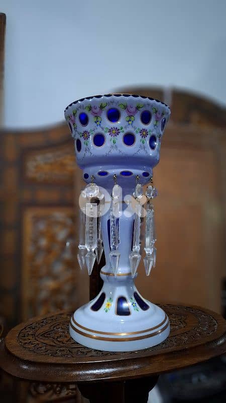 Rare Bohemian 19thC Cobalt & Milk Glass Luster - Hand-Painted Enamel 6