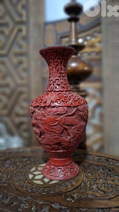 Vintage Chinese Cinnabar Dragon Vase - Hand Carved High Relief