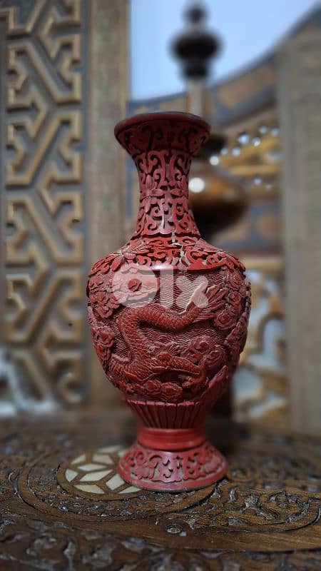 Vintage Chinese Cinnabar Dragon Vase - Hand Carved High Relief 3