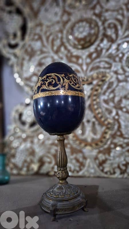 Rare Imperial Russian Cobalt Porcelain Egg 24K Gold Gilt & Bronze 3