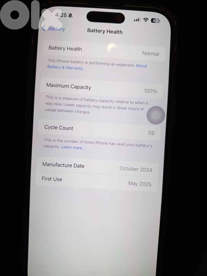 16 pro max 100% battery charged 59 times fiyo kafele la ba3ed 6 month 1