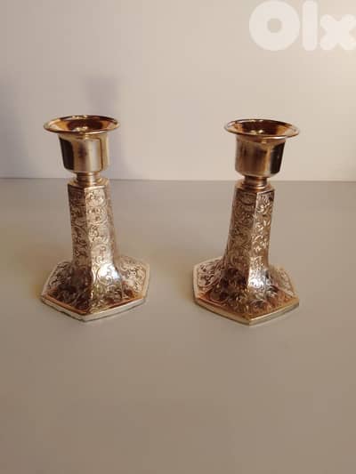 Vintage Etched Silver Plated Candlestick Pair Tapered Scrollwork