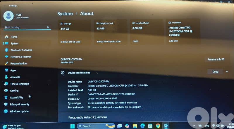 Toshiba Satellite p755 i7, 8gb, 512GB SSD 1