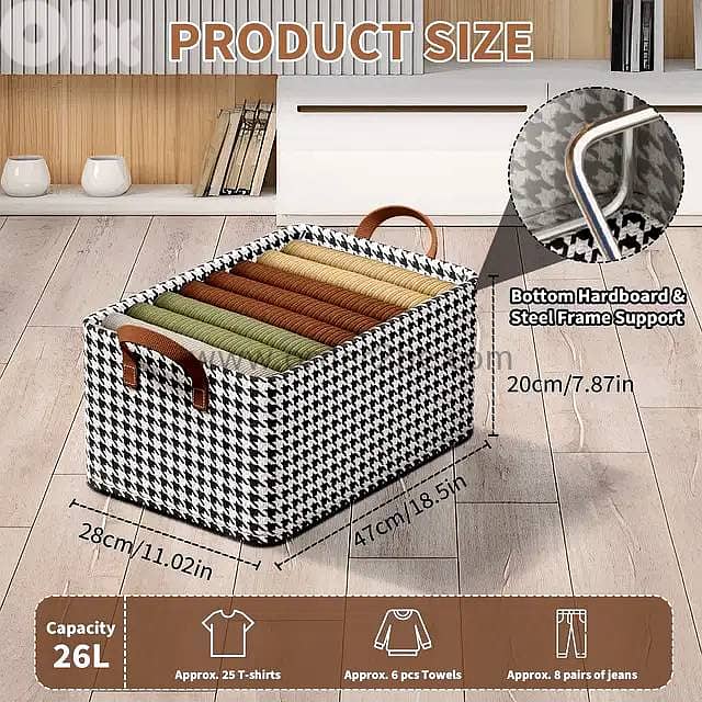 Steel-Frame Houndstooth Bin: Heavy-Duty Stackable Fabric Organizer 4