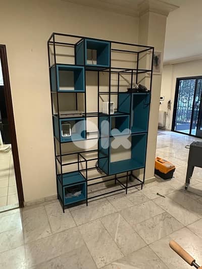 Blue modern living room tv unit and shelves