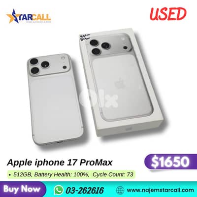 Apple iphone 17 ProMax 512GB, Battery Health: 100%, Cycle Count: