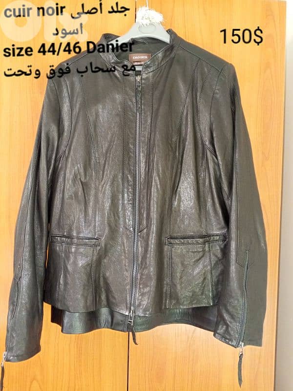 انسامبل جلد أصلي اسود جاكيت وتنورةsize 44 46 1