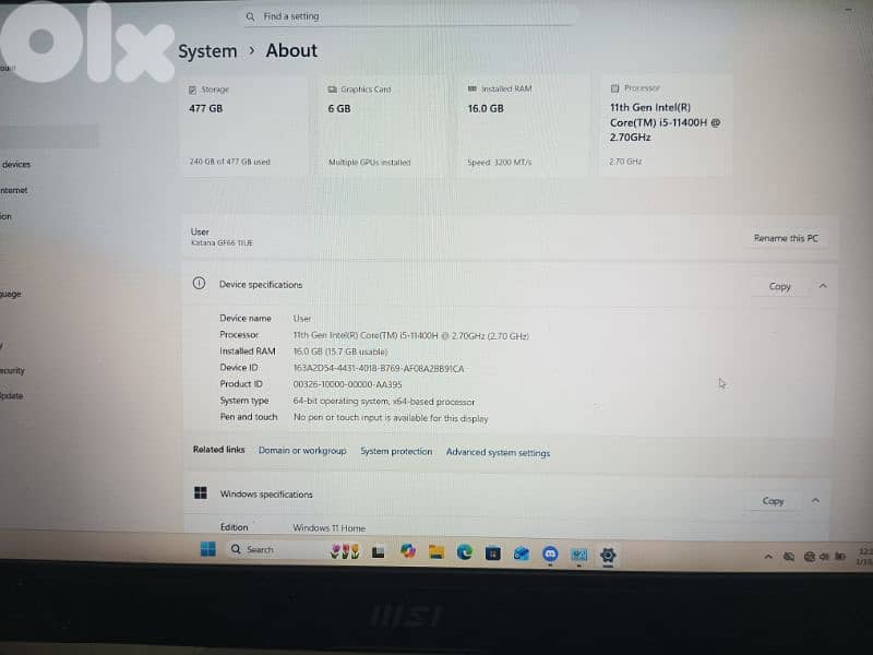 gaming laptop msi katana gf66 11 ue i5 11 gen 3060 gpu 2