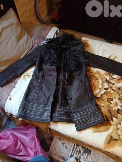 Winter Leather Jacket With Fur and Feathers
