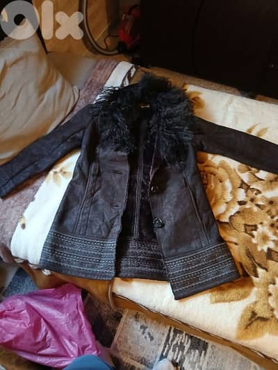 Leather Winter Jacket With Fur and Feathers