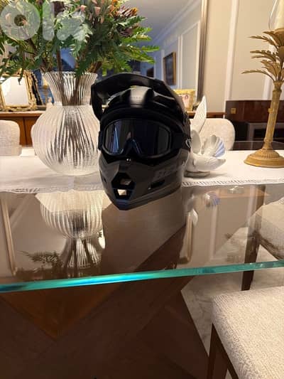 motor bike helmet and goggles