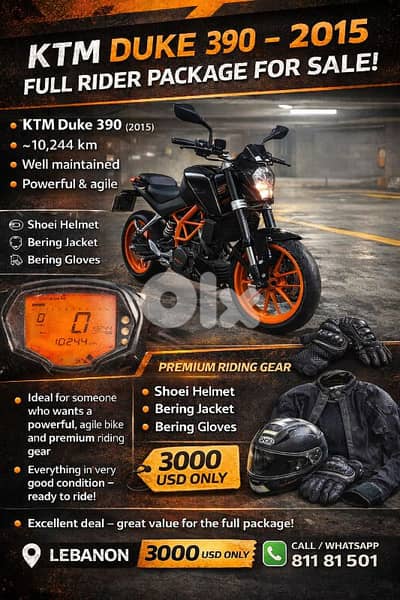 KTM Duke 390 2015 – Low Mileage – Full Riding Gear Included