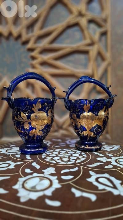 طقم بوهيمي ملكي من زجاج الكوبالت النادر بنقوش الذهب