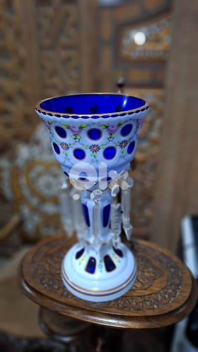 Rare Bohemian 19thC Cobalt & Milk Glass Luster - Hand-Painted Enamel