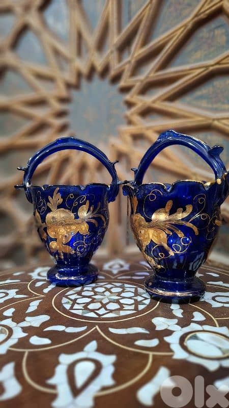 طقم بوهيمي ملكي من زجاج الكوبالت النادر بنقوش الذهب 1
