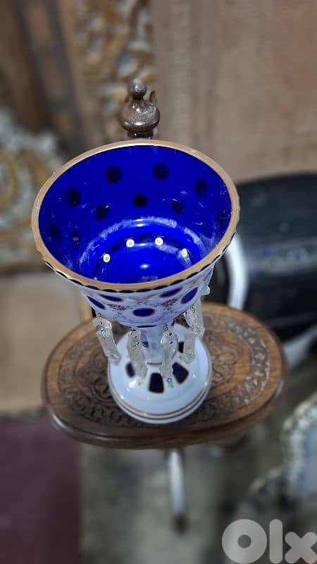 Rare Bohemian 19thC Cobalt & Milk Glass Luster - Hand-Painted Enamel 2
