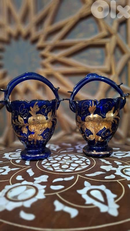 طقم بوهيمي ملكي من زجاج الكوبالت النادر بنقوش الذهب 2