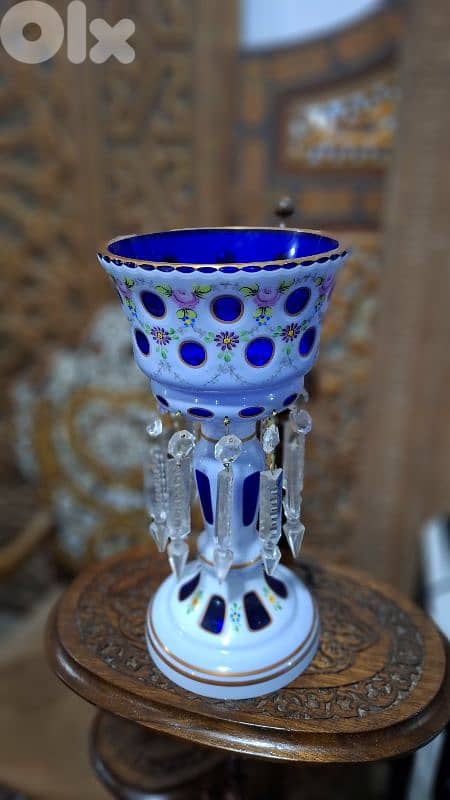 Rare Bohemian 19thC Cobalt & Milk Glass Luster - Hand-Painted Enamel 3