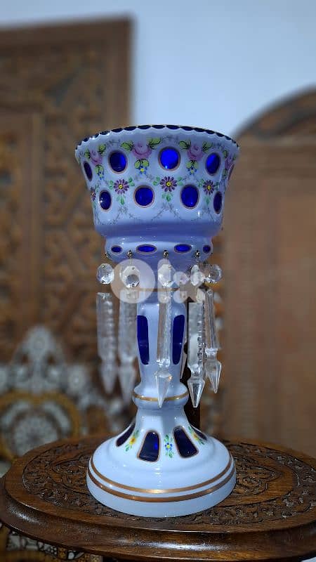Rare Bohemian 19thC Cobalt & Milk Glass Luster - Hand-Painted Enamel 4