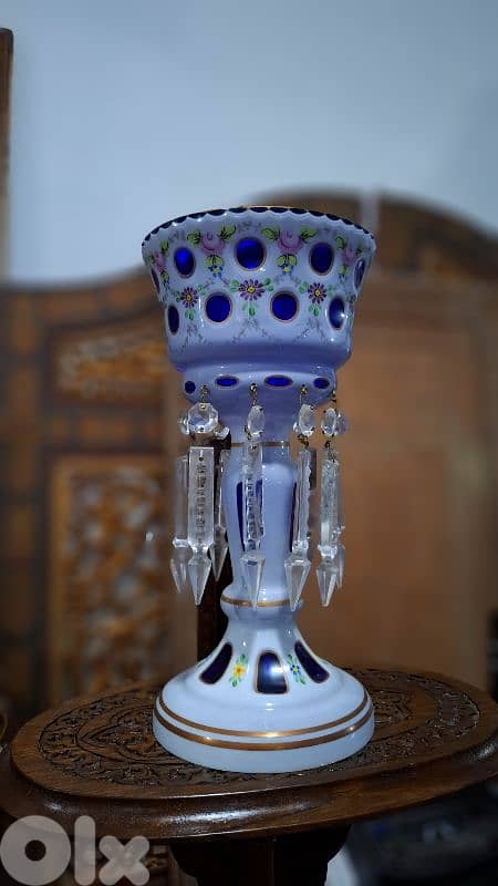 Rare Bohemian 19thC Cobalt & Milk Glass Luster - Hand-Painted Enamel 5