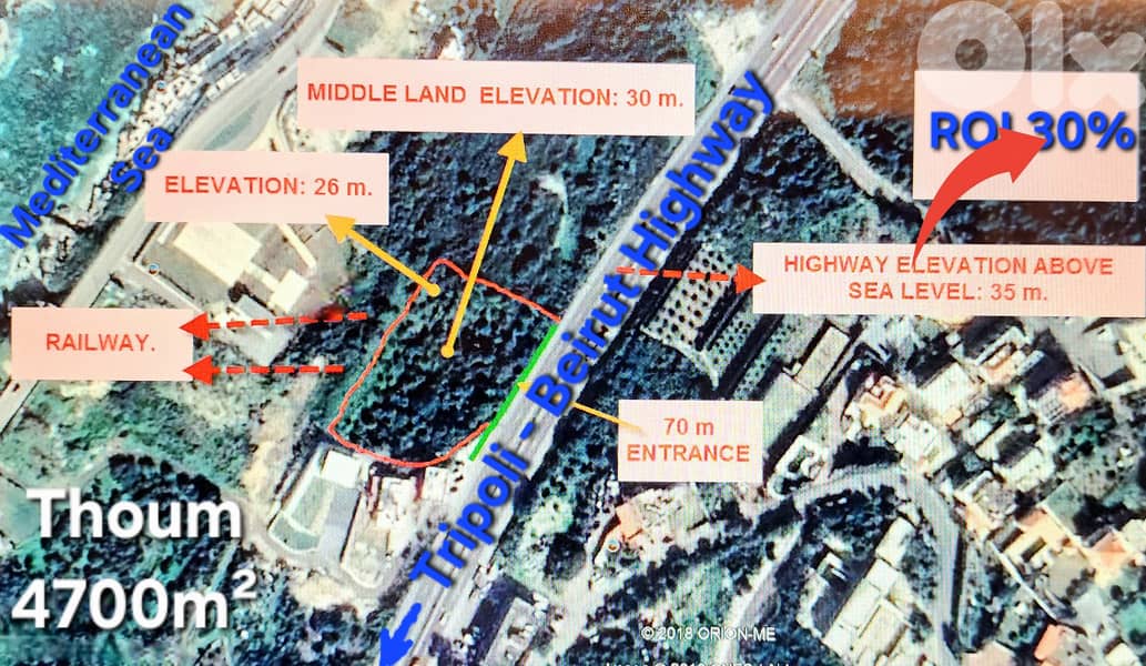 Land Thoum for sale/ 30% ROI / 70M facade on Tripoli- Beirut Highway/ 2