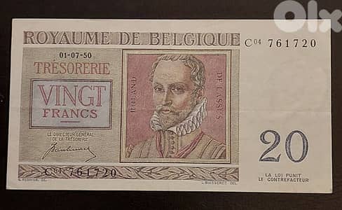 kingdom of Belgium 20 Francs 1950 Orlande De Lassus