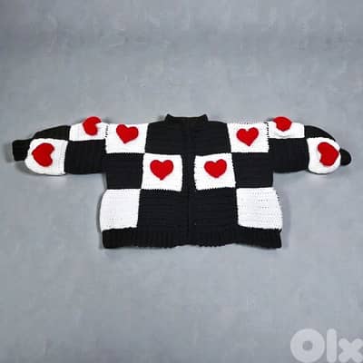 Handmade crochet cardigan checkered black and white with red hearts