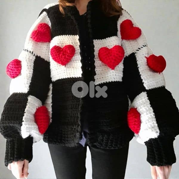 Handmade crochet cardigan checkered black and white with red hearts 1
