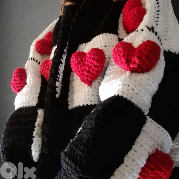 Handmade crochet cardigan checkered black and white with red hearts 2