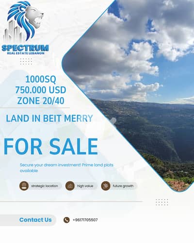1000Sq LAND FOR SALE IN BEIT MERRY PRIME, ZONE 20/40, (BM-258)