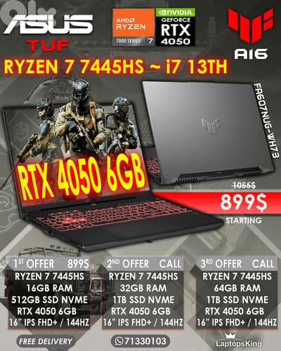 ASUS TUF A16 FA607NUG-WH73 RYZEN 7 7435HS RTX 4050 6GB 16" FHD+ 144HZ
