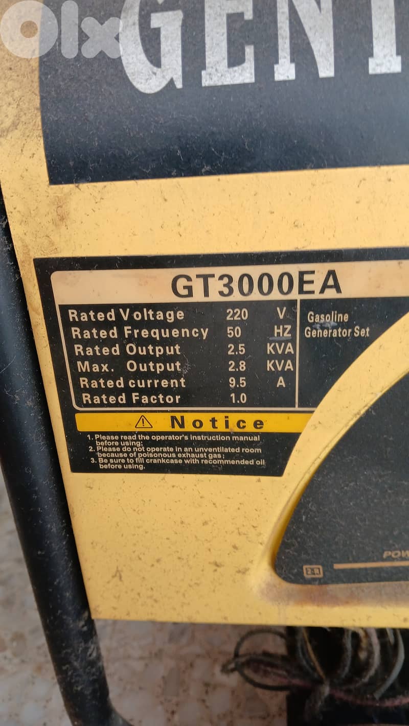 GENTECH Gasoline generator, 2.5 KVA, 9.5 A 2