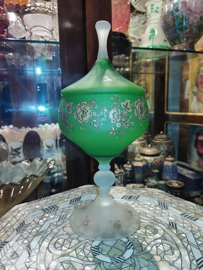 Vintage Westmoreland Hand-Painted Green Satin Glass Candy Jar