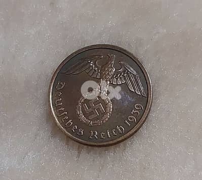 Nazi Swastika Bronze Coin German Two Pfennig era of Adolf Hitler WW2