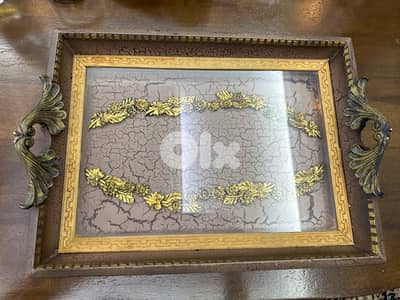 صينية جديدة خشب و زجاج و نحاس للضيافة او للديكور